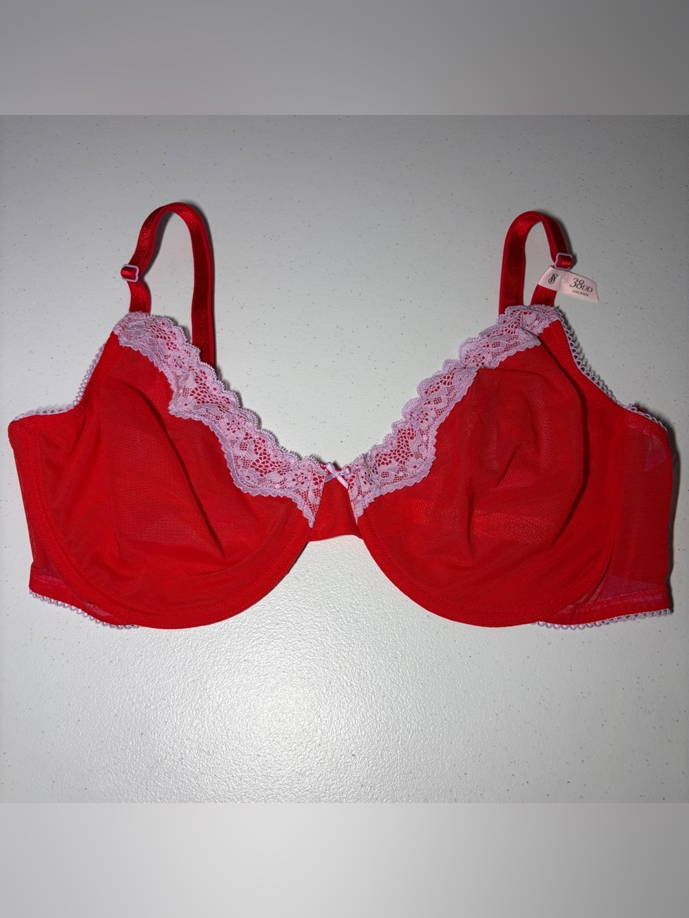 NWT Victoria's Secret Tease 38DD Underwired Unlined Demi Bra Sheer Mesh Lace Red